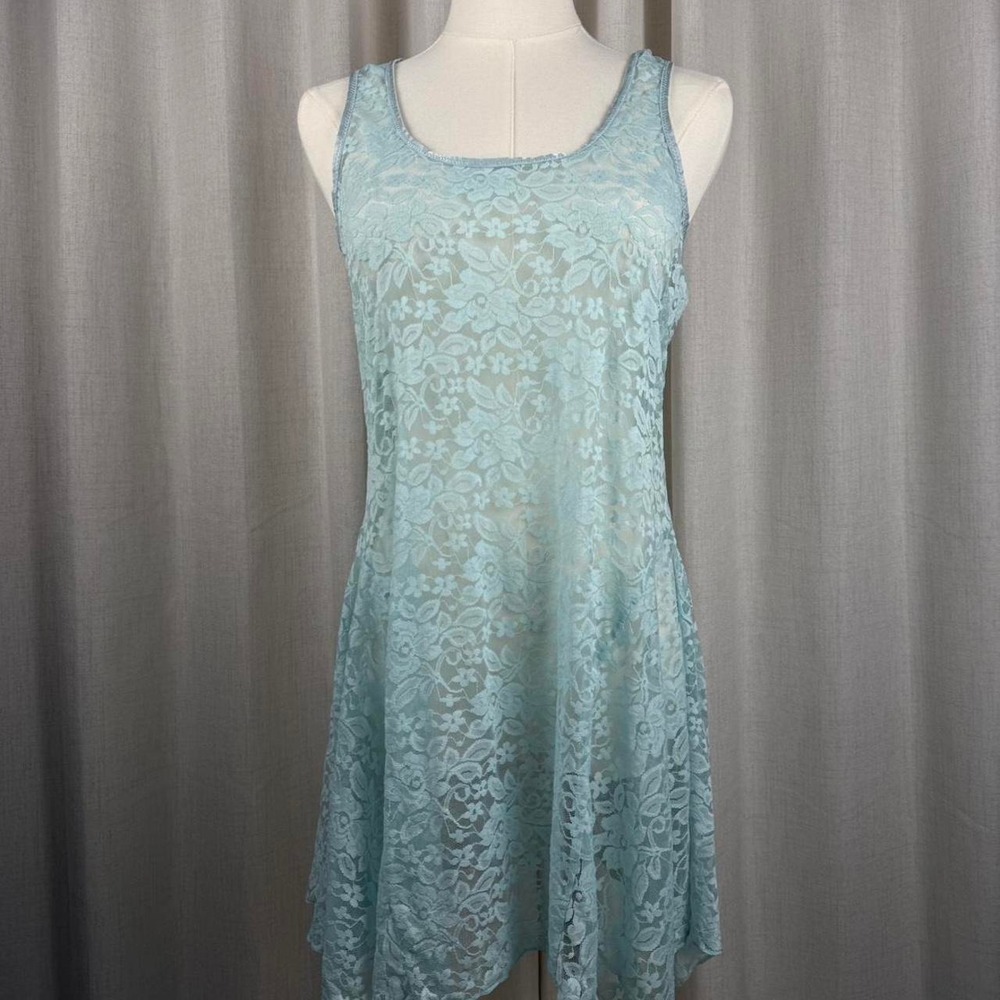 Linea Donatella Blue Floral Lace Mini Dress Y2K Racerback Sheer Coquette Size M